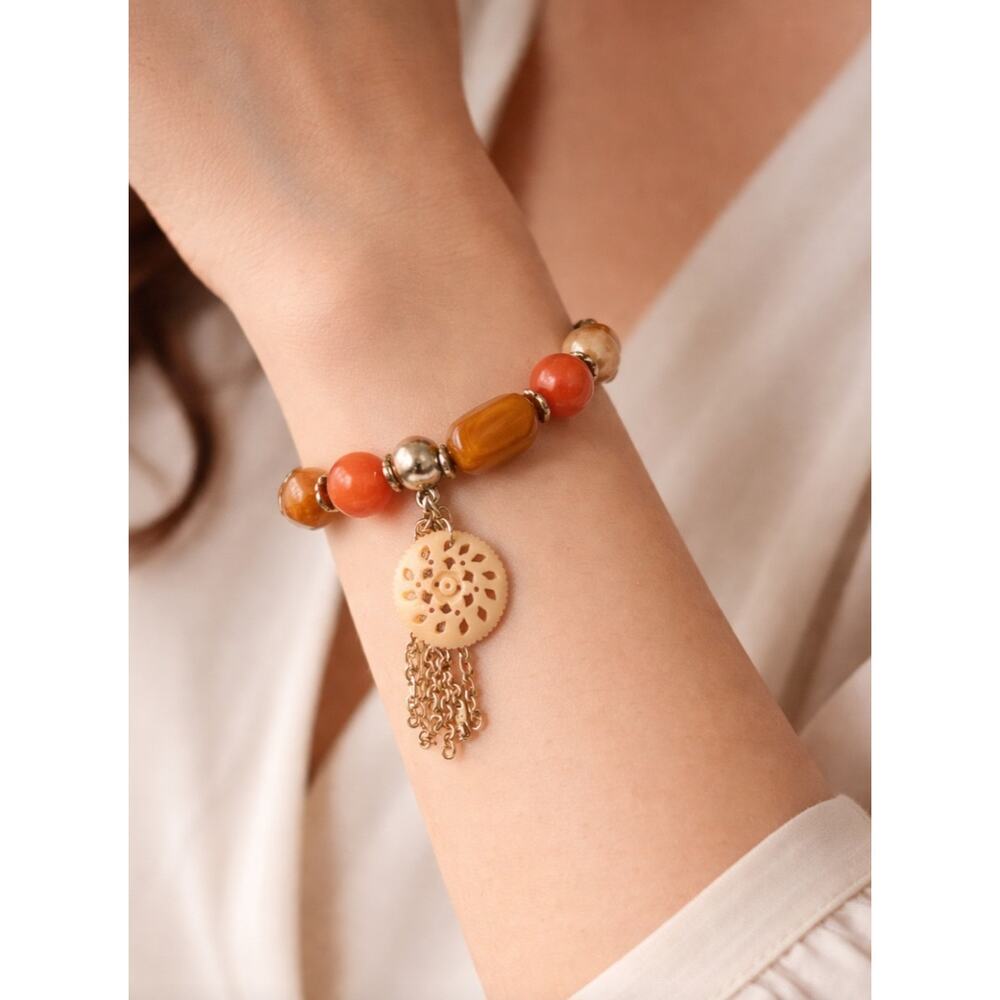 Chicos Orange Red Gold Stretch Tassle Bracelet  New